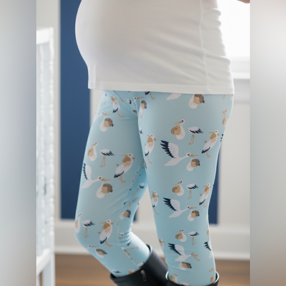 NEW Womens Blue Stork Leggings, Yoga Pants, Sizes OS/TC, Maternity or Not PG